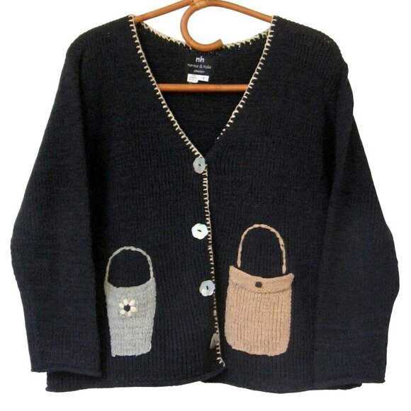Vintage Norma& Hyla Hand Loomed In USA Unique Design Navy Cardigan Sweater Size - Picture 1 of 8